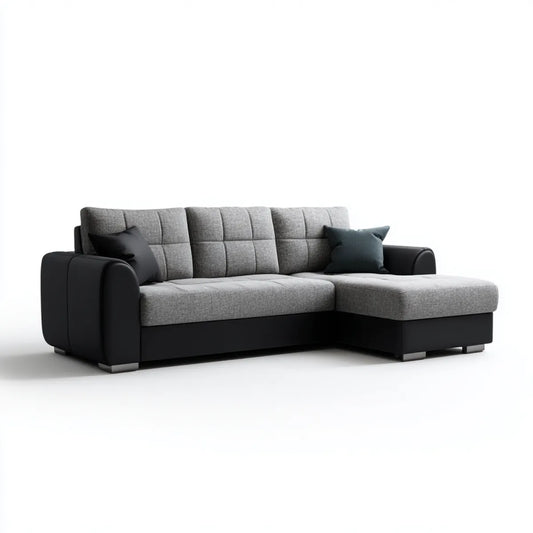 Sofa, Rożna sofa 3 miejsca szaro-czarne z krzesełkiem w prawo w poliestrze i PU 250 x 150 x 85 cm L