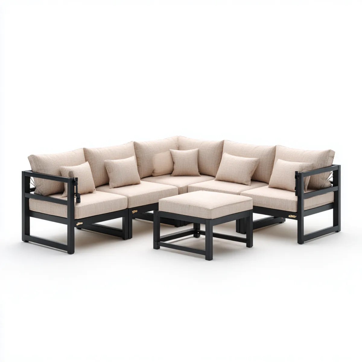 Sofa ogrodowa, Taras loungeset narożna kanapa z stolcem beżowym czarny aluminium prostokątna 240 x 240 x 70 cm