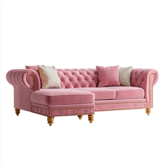 Sofa, Kanapa narożna 3 fotele z krzesełkiem i różowym, poliestrowym aksamitem efekt 275 x 165 x 78 cm